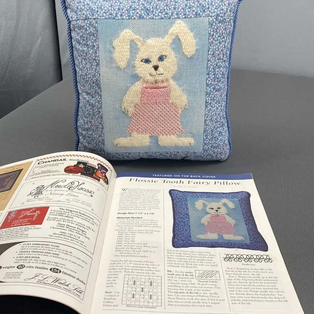 VTG Tooth Fairy Pillow Handmade Bunny Rabbit Needlepoint w Pattern Magazine OOAK